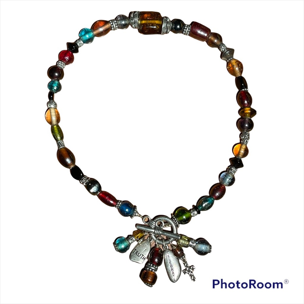 Multicolor Beaded Necklace or Wrap Bracelet Toggle Closure and Silver Tone